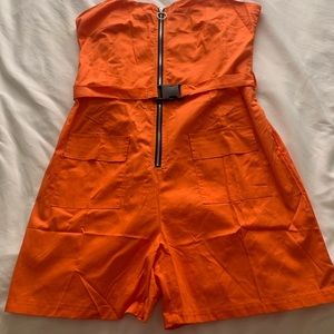 Orange Zip Belted Cami Romper